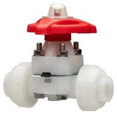 This 2-way diaphragm valve features a PVDF body and PTFE diaphragm for corrosion resistance in chemical handling. Rated for 150 psi CWP, it connects via 1-inch IPS x Socket ends. Suitable for on-off control in industrial fluid systems requiring leak-free operation.