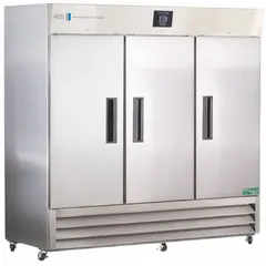 This 72 cu ft upright lab refrigerator maintains a temperature range of 1°C to 10°C for storage of temperature-sensitive materials. It features a white swing solid door that opens to the right, a temperature alarm, and uses R-290 refrigerant. Overall depth is 35 3/4 in. Suitable for general purpose laboratory storage.