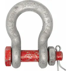 This CROSBY anchor shackle is designed for lifting and rigging applications. It has a working load limit of 9,500 lb and a width between eyes of 1 1/4 in. The shackle features a silver body color and is used to connect chains, slings, or cables to loads in industrial lifting tasks.