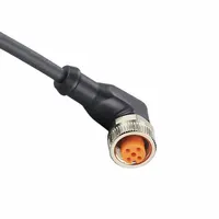 This PNP-NPN converter patch cable features an M12 female right-angle connector on one end and bare wire on the other, with a 5 m cable length. It is designed for use with sensors having a normally open function. The cable has a black PUR jacket, 4.30 mm wire size, and IP69K rating