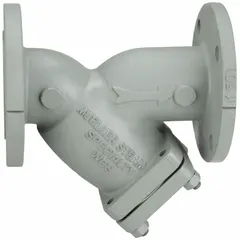 Carbon steel Y strainer with 2 1/2 in flanged connections. Features a 304 stainless steel perforated screen with 0.062 in openings and a compressed non-asbestos seal. Overall height 8 1/4 in. Used in piping systems to remove solid particles from steam, water, or process fluids, protecting downstream equipment.