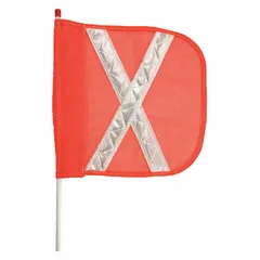 Blank (non-lighted) warning whip with orange flag measuring 11 inches in height and 12 inches in width. Overall height is 12 feet with a hex base. Used for high-visibility marking of vehicles or equipment in industrial environments such as warehouses, construction sites, and plant yards to reduce collision risk.