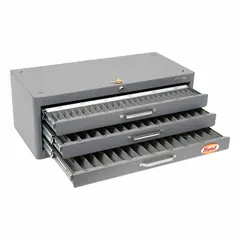 This end mill chest features 68 compartments designed to organize end mills with diameters from 2 mm to 25 mm. It provides dedicated storage for cutting tools in machine shops and manufacturing facilities, helping to keep tools accessible and protected.