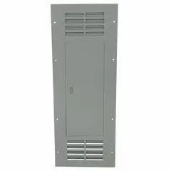 Flush-mount cover for NQ and NF panelboards. Features a single vented steel door to allow heat dissipation. Rated 400 A with 42 spaces. Type 1D700 enclosure component for indoor electrical distribution.