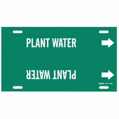 BRADY Pipe Marker: Plant Water, Green, White, Fits 6 to 7 7/8 in Pipe O.D., 1 Pipe Markers - Plant Water Strap-On Pipe Markers