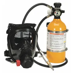 General-purpose partial supplied-air respirator (SAR) assembly with an emergency escape cylinder. Includes a full facepiece with polyester net head harness. Operates on compressed air at 70 to 90 psi with Hansen fittings. Suitable for use in atmospheres requiring supplied air respiratory protection.