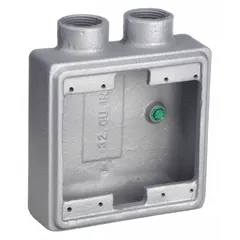 This rectangular iron weatherproof electrical box from APPLETON ELECTRIC has a 32 cu in capacity and accommodates 2 gangs. It features a 3/4 in hub size and is finished in gray. Suitable for outdoor or wet-location installations to house wiring connections, switches, or outlets.