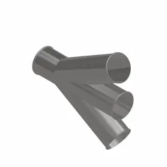 Stainless steel branch fitting for 5 in duct diameter with a 30° angle and 19 in overall length. Used to split or redirect airflow in industrial dust collection and ventilation systems.