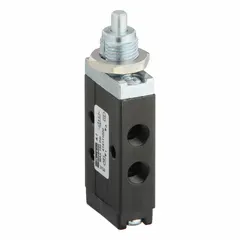 This Parker Directair 2 valve is a three-way, two-position manual air control valve with spring return and normally closed operation. It features a plunger actuator and 1/8 in female NPT ports, suitable for directing or blocking compressed air flow in pneumatic control circuits.