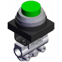 This VM Series manual air control valve features an extended button actuator and a side-ported body with 2 ports. It has 1/8 in NPT connections and a green actuator. Used in pneumatic systems for manual control of air flow direction or isolation.