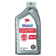 MOBIL Full Synthetic High Mileage 5W-30 is a biodegradable gasoline engine oil designed for trucks. It is suitable for high-mileage gasoline engines, helping to reduce oil consumption and leaks. This 1-quart container provides extended protection for fleet maintenance.
