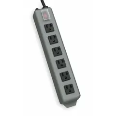 Industrial power strip with six outlets, 15 ft cord, and 20 A rating. Features a 5-20P plug and keyhole mounting for secure attachment to walls or racks. Complies with UL 1363. Suitable for distributing power in workbench, machinery, or server rack environments.