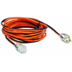 This 25-foot outdoor extension cord features a single NEMA 5-15P outlet and 14/3 SJTW cable, rated for temperatures from -40° to 167°F. Suitable for powering tools, lights, or equipment in outdoor work areas such as construction sites or landscaping projects.