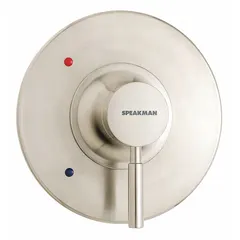 This tub and shower trim kit includes a plastic circle trim plate with a brushed nickel finish and a zinc lever handle. It is designed for use with the Kohler K-304-KS valve. The trim plate and handle provide a complete control interface for bath and shower systems.