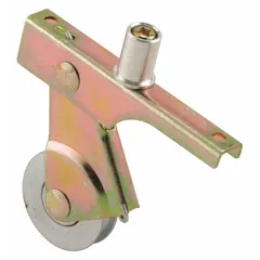 This roller assembly is designed for use in sliding screen doors, providing smooth operation. It measures 6 7/16 inches in both overall height and length, with a bronze, unfinished finish. Suitable for replacement or new installations in residential or light-commercial applications.
