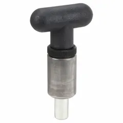 This nonlocking indexing plunger features a weld-mount design for permanent installation on steel structures. The rounded T-knob enables manual retraction, and the plunger has a 0.5 in width, 1 in barrel diameter, and 1.5 in barrel length. Used in jigs, fixtures, and automation for precise workpiece locating or locking.