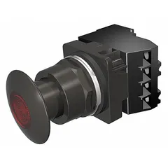Maintained-action illuminated push button with a 30 mm metallic mushroom-head operator. Features 1NO/1NC contact configuration and pressure plate terminals. Suitable for industrial control panels requiring a large, easy-to-actuate operator in heavy-duty environments.
