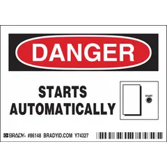 These adhesive-mounted danger signs warn personnel of automatic start-up hazards on industrial machinery. Each sign measures 3 1/2 in x 5 in with a thickness of 0.01 in, supplied in a 5-pack. The polyester labels are not retroreflective and do not glow in the dark, suitable for indoor use on clean, dry surfaces.