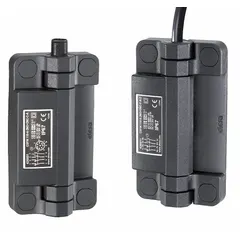 Hinged safety-interlock switch with top output and 2NO/2NC contact configuration. Terminated with an 8-pin connector and 2 m cable. AC contact rating is 1.5 A at 120 V. Used to monitor guard doors on industrial machinery, preventing operation when the guard is open.