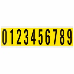 Die-cut Gothic font numbers 0 to 9 in black on yellow background. Character height 2 inches. For indoor, non-reflective use. Not self-spacing or aligning, allowing flexible layout for custom labeling applications.