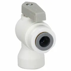 Manual two-way ball valve with polypropylene body, lever handle, and full port ball port. Angle configuration with 3/8 in Push x FNPT ends. NSF 51 compliant for use in applications requiring material purity and corrosion resistance.