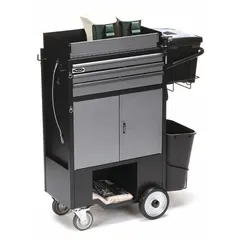 This heavy-duty utility cart is equipped with drawers and cabinets for organized storage and transport of tools and equipment. It measures 37 1/2 inches wide, 14 1/2 inches deep, and 45 inches high, with a black finish and no lid. The cart is padlockable for security, suitable for industrial environments such as machining, maintenance, and assembly operations.