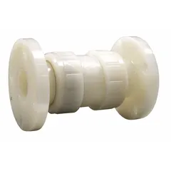 Inline ball check valve with PVDF body and FKM seals, designed for backflow prevention in corrosive fluid systems. Features 2 in pipe size and flange x flange connections. Suitable for chemical processing, water treatment, and industrial piping applications.