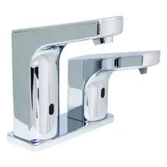 Brass construction with polished chrome finish. Battery-powered sensor faucet with handles, includes AC adapter. Designed for touch-free operation in commercial restrooms.