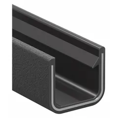 PVC outer edge trim with a metal core and single gripping finger profile. Features a 3/8 in leg length and 25 ft overall length in black. UL50E listed (File MH49032). Used to protect and finish exposed panel edges in enclosures and machinery.
