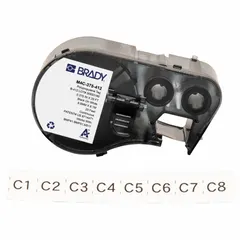 Continuous tag roll cartridge for industrial labeling and identification. Polypropylene material with black-on-white printing and matte finish. Rated for outdoor use. Compatible with BMP51 printer series.