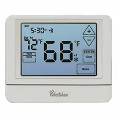 This Robertshaw commercial thermostat is designed for heat and cool applications in HVAC systems. It features a white touch screen interface with 7-day programming capability, Alexa compatibility, and humidification control. The thermostat includes Y2 terminal designations and offers Auto-On-Circulate fan settings for versatile system management.