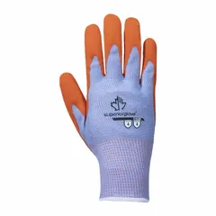 These knit gloves feature a rough latex palm coating for enhanced grip and abrasion resistance. Rated ANSI Abrasion Level 4, they are suitable for material handling, assembly, and general industrial tasks. The blue knit body with orange coating provides high visibility. Sold in a 12-pack.