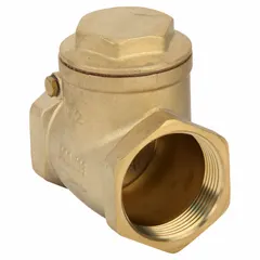 This brass inline swing check valve features a swing disc design for reliable backflow prevention in piping systems. With 1 1/2 inch FNPT connections, it is suited for water, oil, and gas applications where a tight seal is required to protect pumps and equipment from reverse flow.