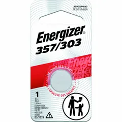Disposable silver oxide button cell battery with 1.5V DC output and 138 mAh capacity. Size 357 (MPN 357BPZ) for compact electronic devices such as watches, calculators, and key fobs.