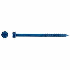 Steel hex-head screw anchor with self-threading tip for use in concrete, brick, or block. Removable design with external hex drive. Diameter 1/4 in, overall length 3 1/4 in. Pack of 100.