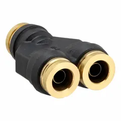 This wye fitting splits or combines 1/4 in OD tubing in pneumatic systems. It features a tube x tube x push-to-connect design, providing a compact, leak-resistant branch point for air brake and general industrial fluid power circuits.