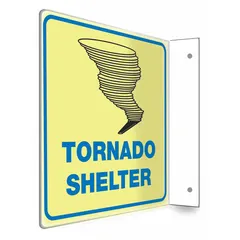 This 8 in x 8 in PETG sign is designed for tornado shelter identification. It features mounting holes for installation and is glow-in-the-dark for visibility in low-light conditions. The sign is not retroreflective.