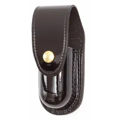 This high gloss synthetic polymer pouch is designed to carry a pepper spray canister. It features a snap closure for secure retention and quick draw. Suitable for security and tactical use where hands-free access to personal defense spray is required.