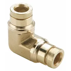 Brass push-to-connect elbow fitting with 1/4 in OD tube connections on both ends. Designed for pneumatic and air brake systems, it enables tool-free installation and provides a leak-free seal in industrial, automotive, and heavy-equipment applications.