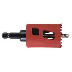 This hole saw with attached arbor cuts through wood, metal, plastic, and drywall. It has a 1 5/8 in diameter, 5/6 teeth per inch, and a maximum cutting depth of 1 7/8 in. The 5/8"-18 thread size allows direct mounting on compatible mandrels. Suitable for electrical, plumbing, and HVAC installations requiring a 1 5/8 in hole.