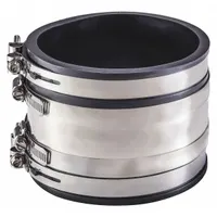 This shielded flexible transition coupling is designed for 6-inch pipe and accommodates iron, polyester, stainless steel, and titanium piping systems. Constructed with PVC, stainless steel, and titanium, it is intended for below-ground applications where a reliable seal and strain relief are required