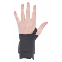 Left-wrist brace with double strap design for ergonomic support. L Ergonomic Support Size fits wrists 7 to 8 inches. Black color. Suitable for repetitive tasks in industrial settings to help reduce strain.