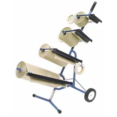 This mobile masking dispenser holds one 3-inch roll of masking paper up to 18 inches wide in a horizontal orientation. It includes an integrated cutter for clean tear-off, enabling efficient single-operator dispensing. Suitable for use in painting, automotive refinishing, and industrial coating applications.