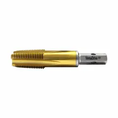 This VersaDrive pipe tap is designed for threading 1/2"-14 NPT, 2B class fit threads. It features a 4-flute, taper chamfer design and is Impact Rated. Suitable for through-hole threading in metalworking, plumbing, and maintenance operations.