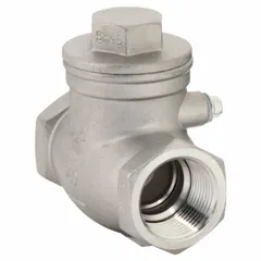This stainless steel inline swing check valve features a 1 in pipe size with FNPT x FNPT connections. Designed for horizontal installation, it prevents backflow in piping systems. Suitable for water, oil, and gas applications where one-way flow is required.