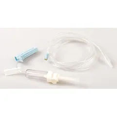 This sterile IV administration set is made of PVC and features a 15-drop drip rate. It is designed for the delivery of intravenous fluids in clinical settings. The set is intended for single use.
