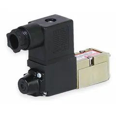 Four-way, two-position, single-solenoid air control valve with spring return. Operates on 110 to 120V AC. Features plug-in, non-locking design and female NPT connections. Used to direct compressed air in industrial automation systems, such as controlling double-acting cylinders or actuators.