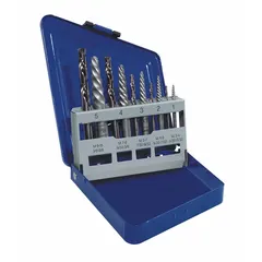 This 10-piece set includes five spiral-flute extractors and matching drill bits in sizes #1 through #5. The #4 extractor requires a 19/64-inch drill bit. Designed for removing broken or stripped screws from metal, wood, or plastic, covering thread sizes M2.5 to M16.