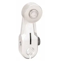 The OMRON WL1A100 is a roller lever actuator for limit switches, featuring a rotary lever roller design with a front roller position. The arm length is adjustable up to 2.16 inches. It is used as a replacement or accessory component in industrial position sensing and machine safety applications.