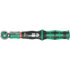 This ratcheting micrometer torque wrench has a 1/4-inch square drive and a torque range of 2 N-m to 12 N-m, adjustable in 0.1 N-m increments. It is used for controlled tightening of fasteners in assembly, maintenance, and repair tasks where precise torque application is required.